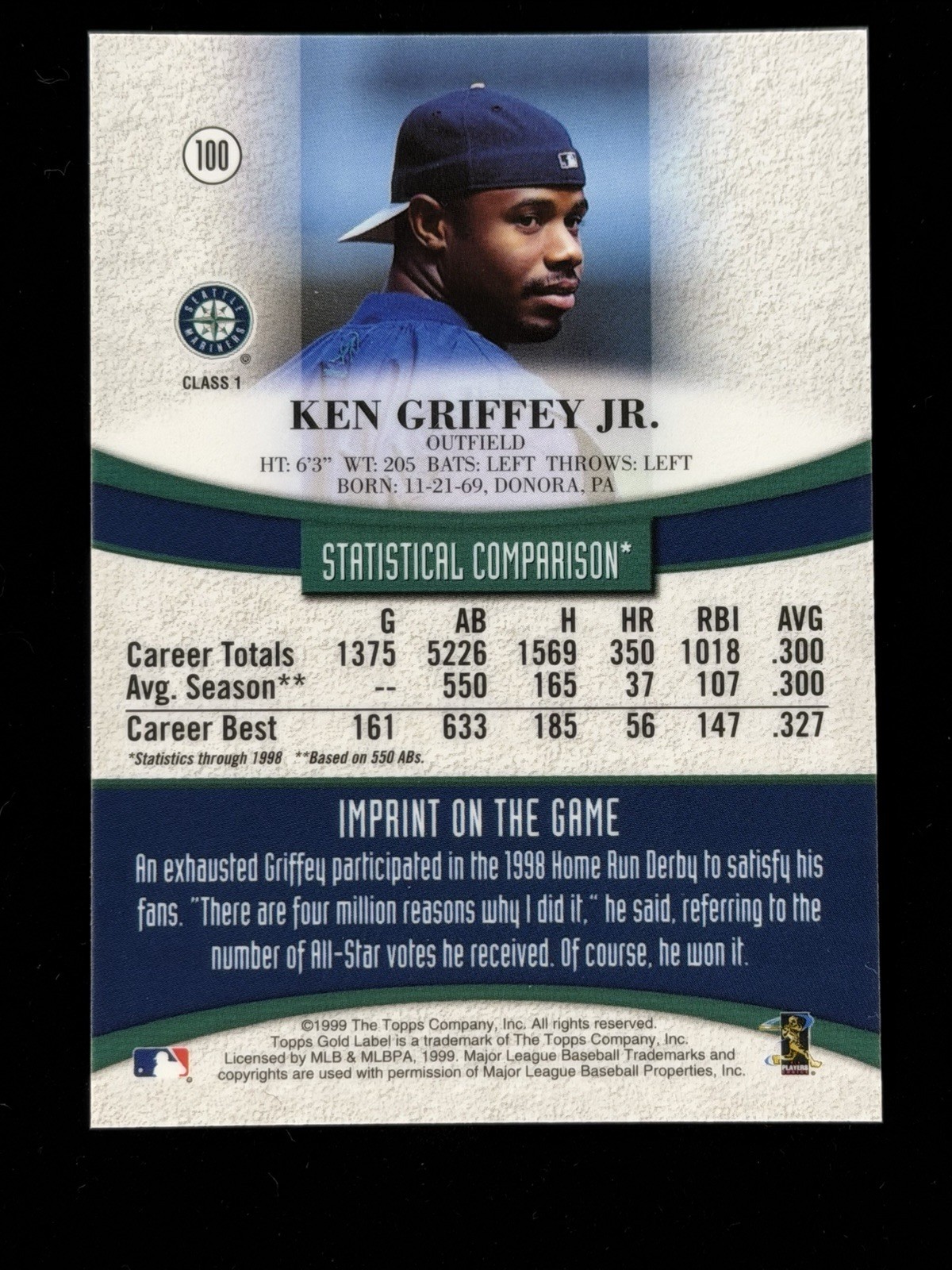 1999 Topps Gold Label #100 Class 1 Refractor KEN GRIFFEY JR Seattle Mariners
