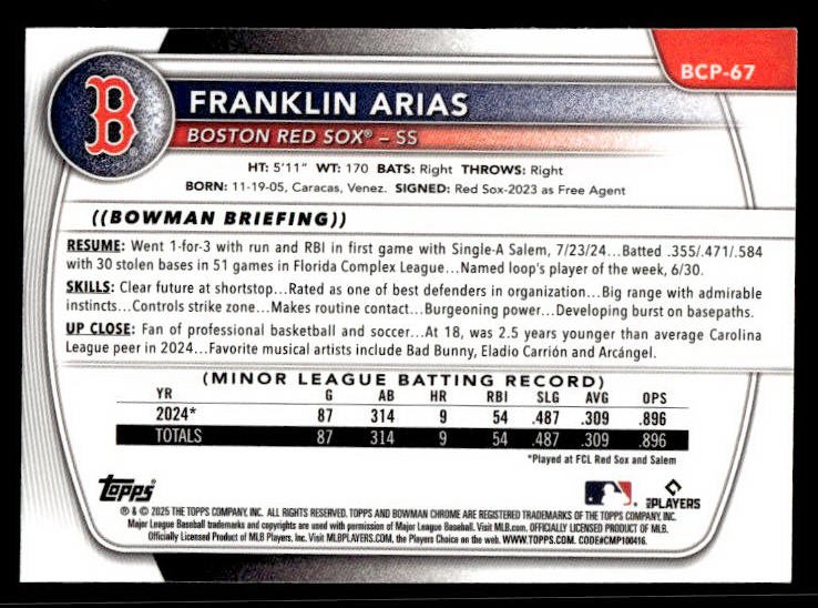 Franklin Arias 2025 Bowman Chrome Prospects #BCP-67 Boston Red Sox ESE