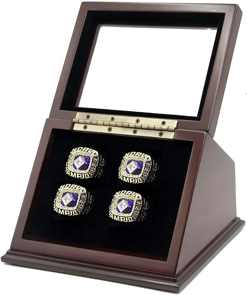 Elegant 4-Slot Wooden Display Case for Championship Rings – Brown Finish