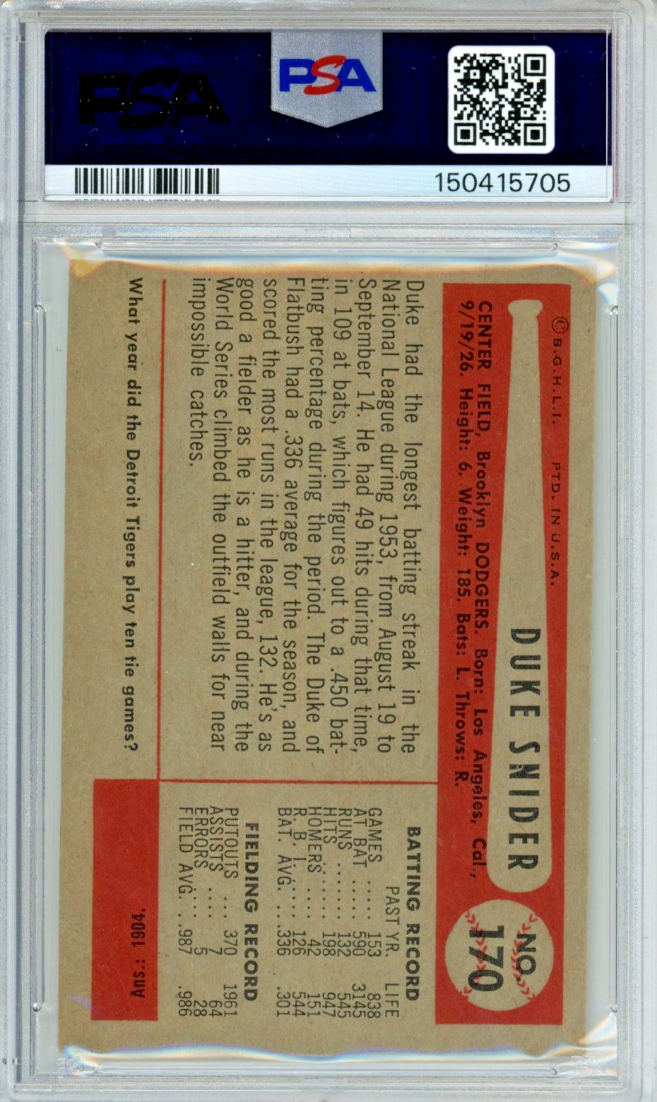 1954 Bowman Duke Snider baseball card, graded EX-MT 6, #170 in the set HOF