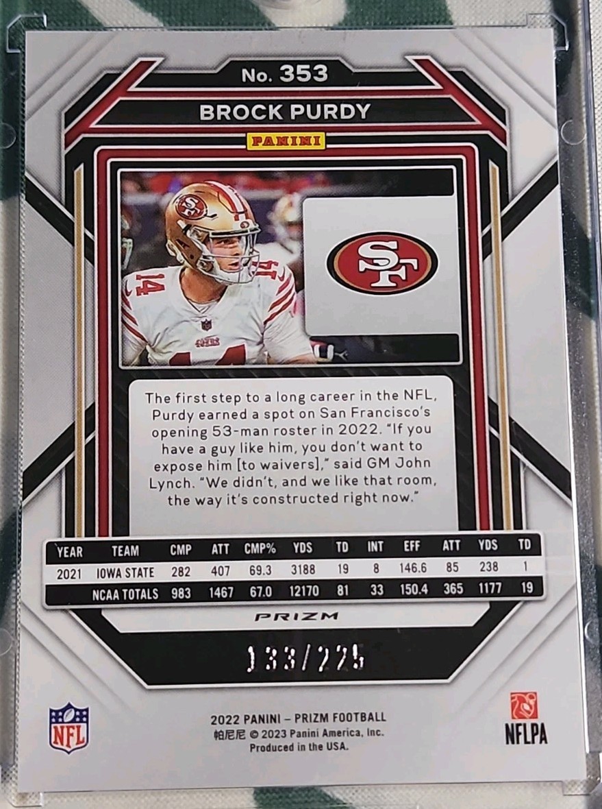 2022 Panini Prizm Football Purple Cracked Ice RC Brock Purdy 225