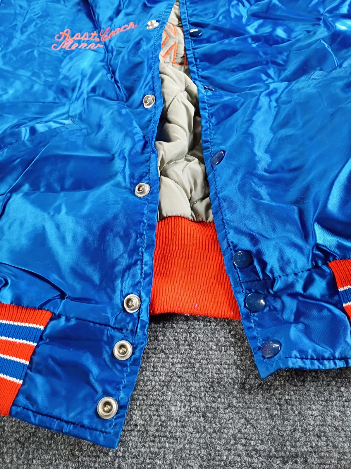 VTG DeLONG Sportswear Phoenix Hockey Satin Snap Jacket Blue/Orange/White Size L