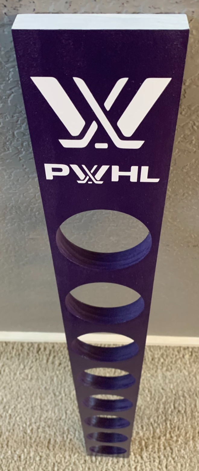 PWHL 8 puck vertical hanging wood hockey puck display.