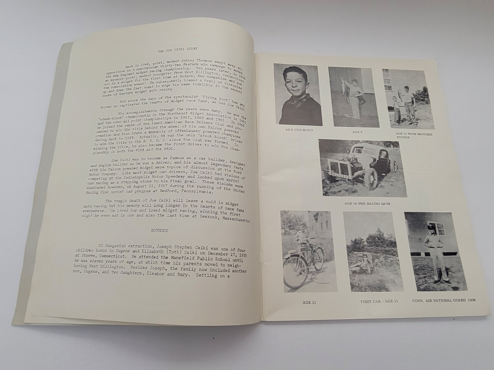 1968 Tribute Book to Midget Racer Joe Csiki, by Crocky Wright