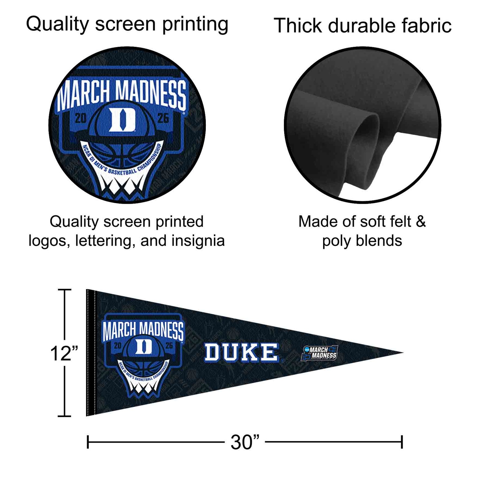 Duke Blue Devils 12 in X 30 in 2026 March Basketball Madness College Pennant