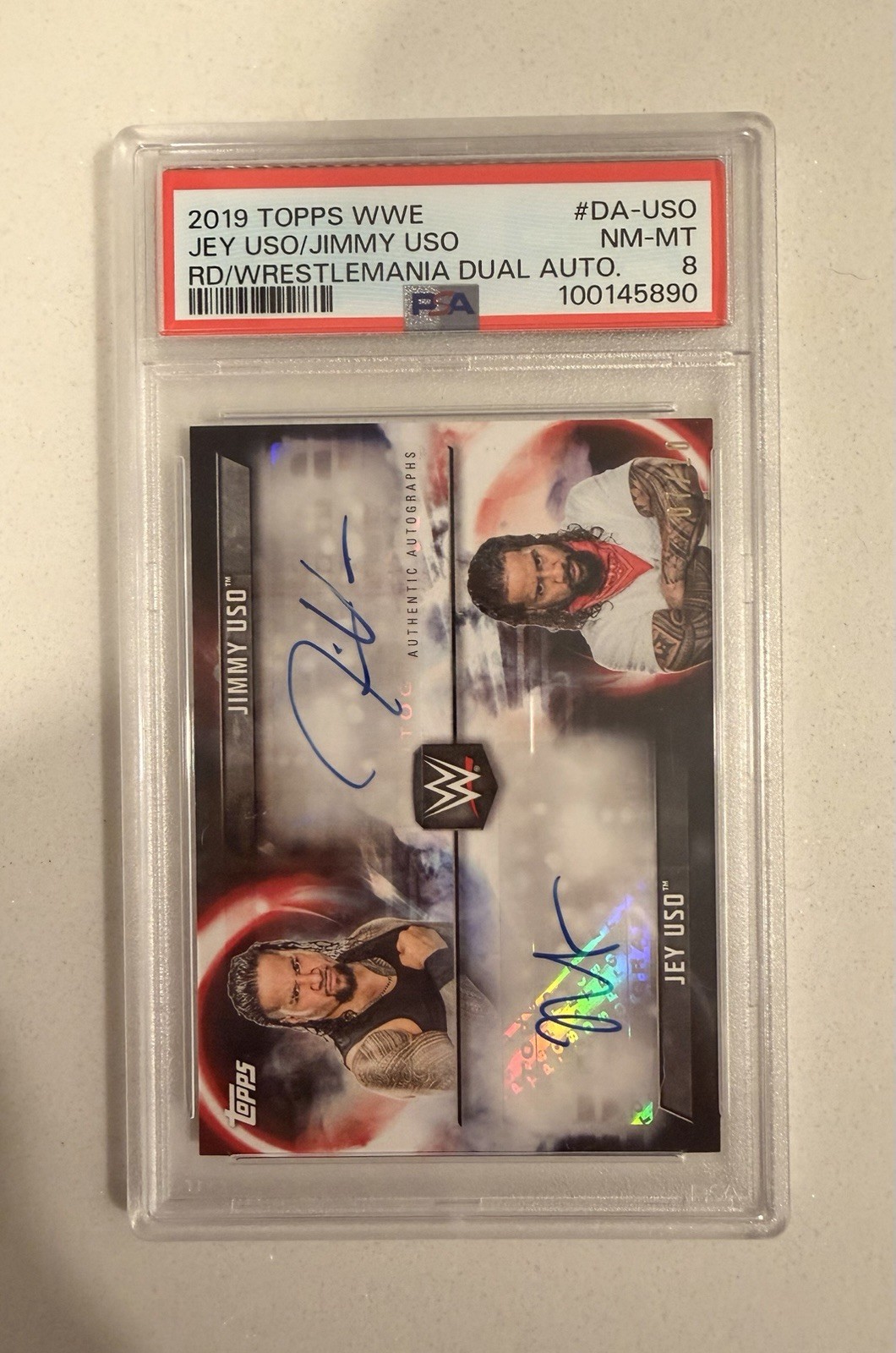 2019 Topps WWE JEY USO JIMMY USO Road To Wrestlemania Dual Auto /10 PSA 8 POP 1