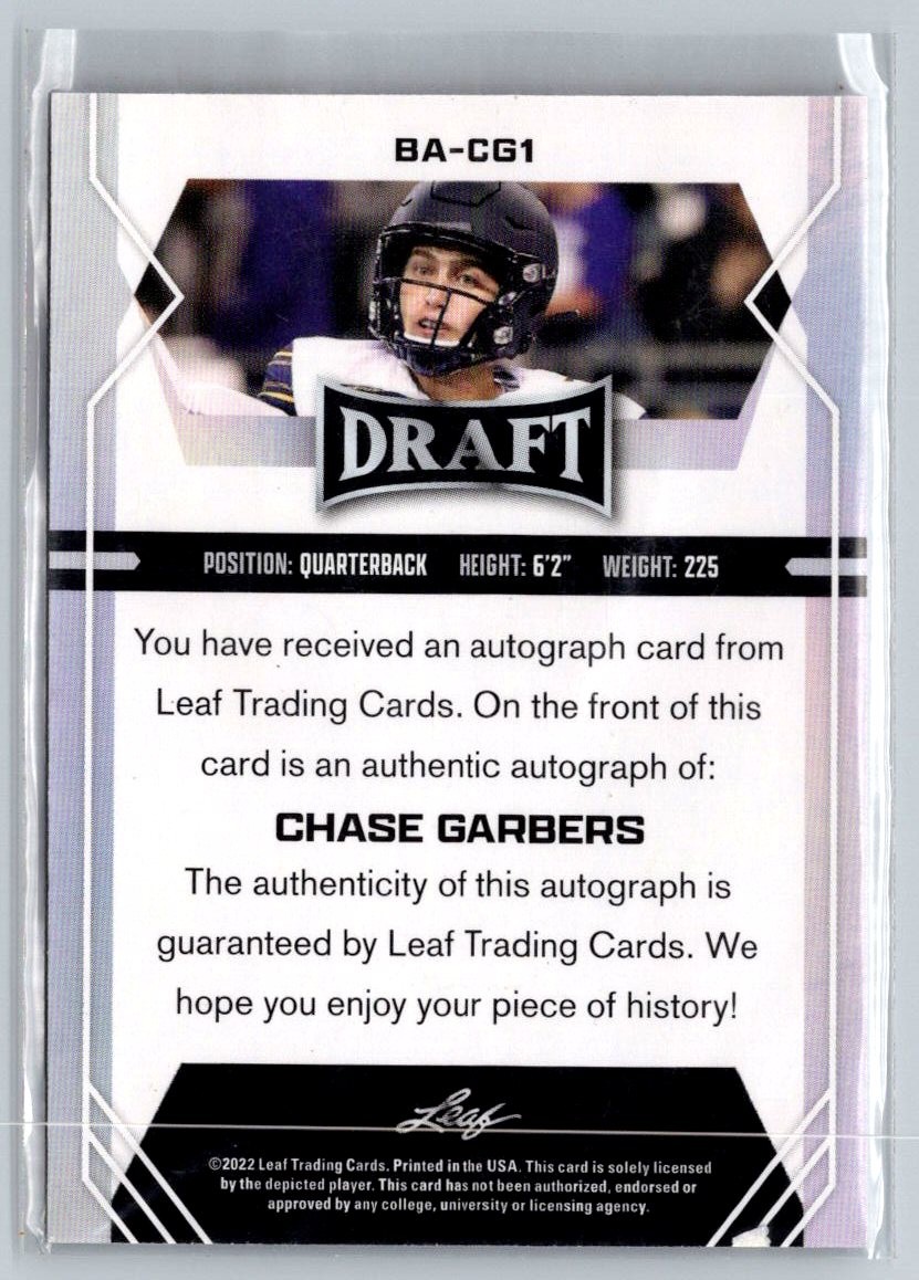 2022 Leaf Draft #BA-CG1 Chase Garbers AU RC Blue