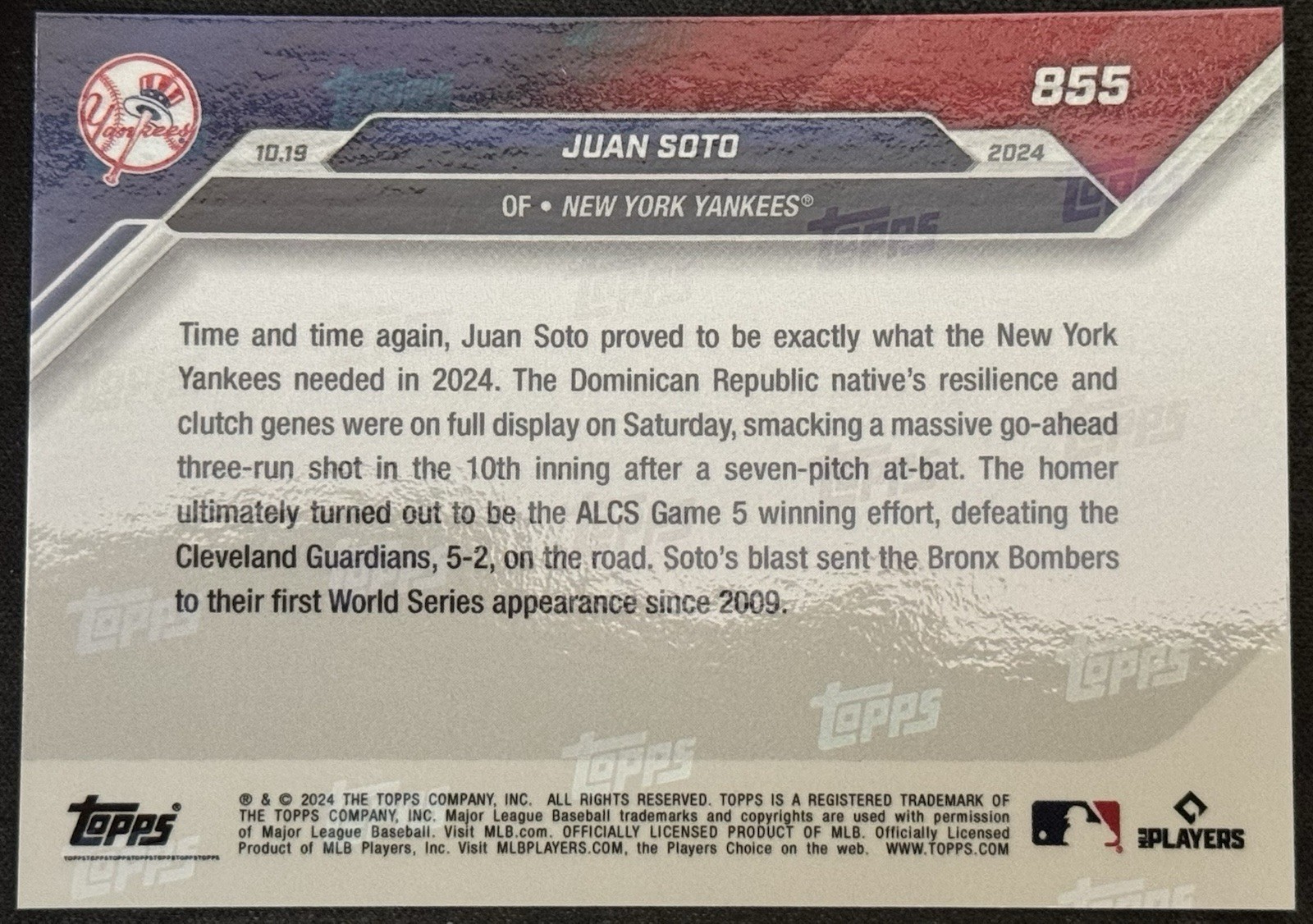 2024 Topps Now #855 – Juan Soto ALCS Winning Home Run to WS New York Yankees MLB