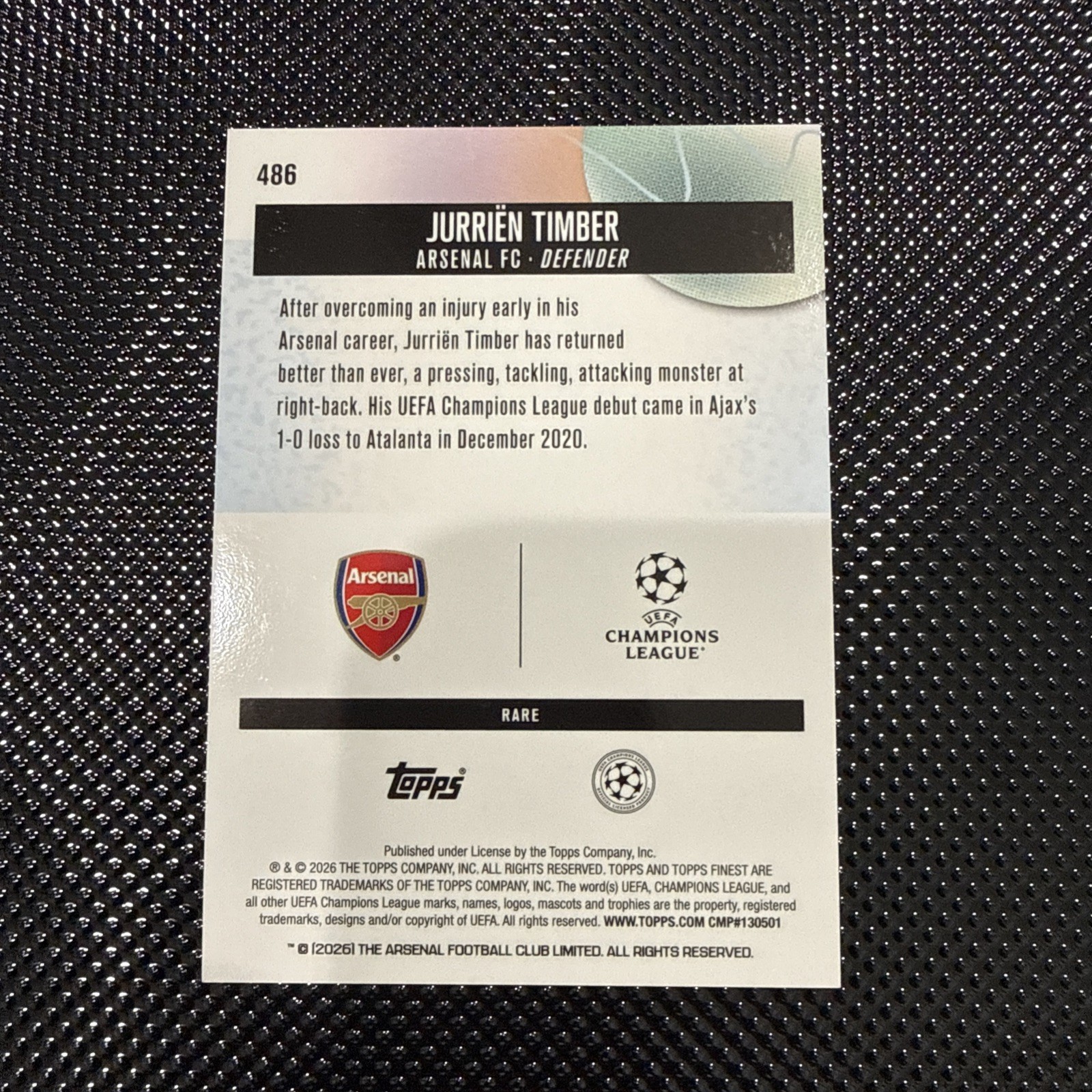 JURRIEN TIMBER 2025-26 TOPPS FINEST UCL RARE BLACK 08/10 #486 ARSENAL