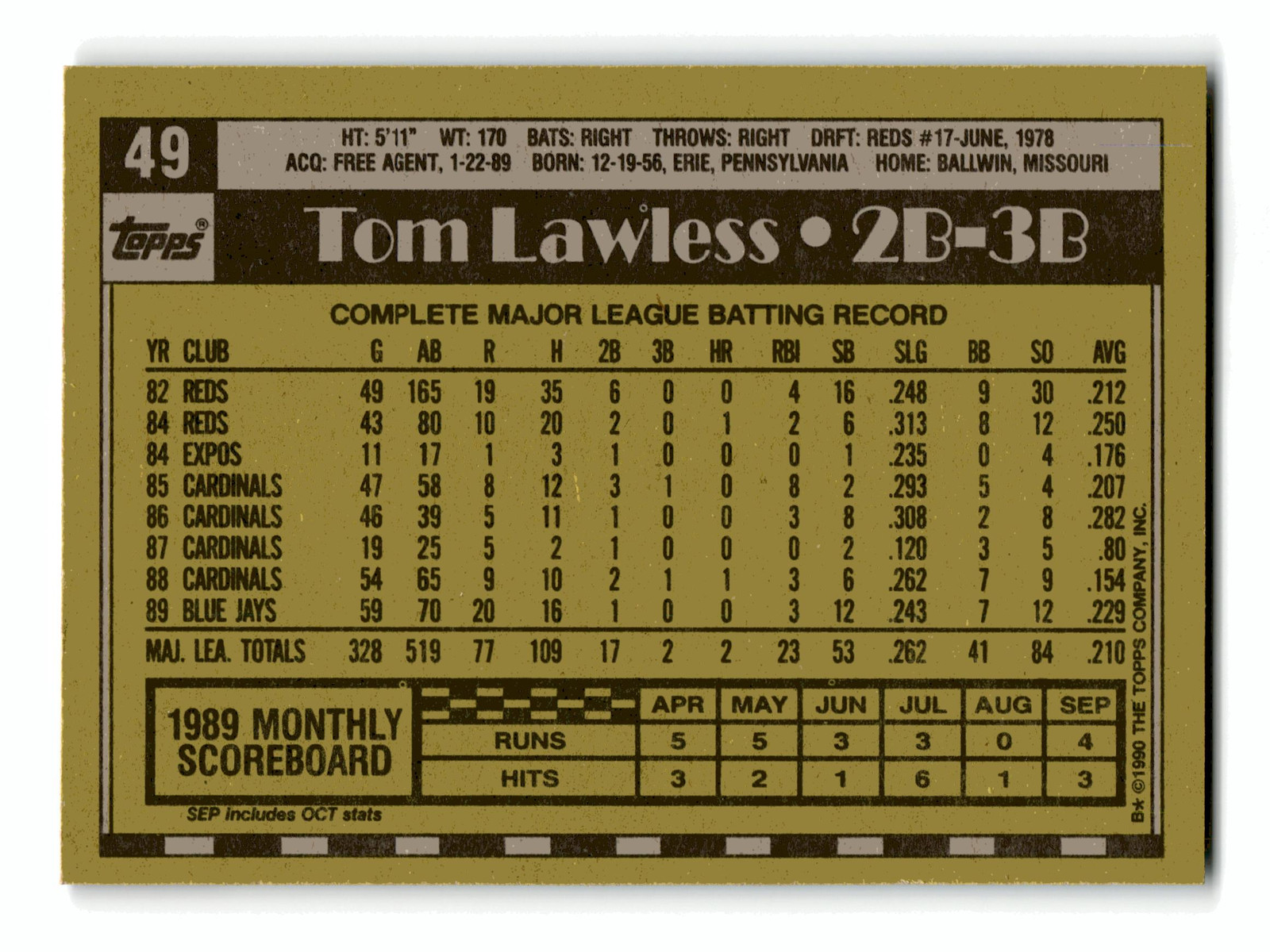Tom Lawless 1990 Topps #49 Toronto Blue Jays NM-MINT