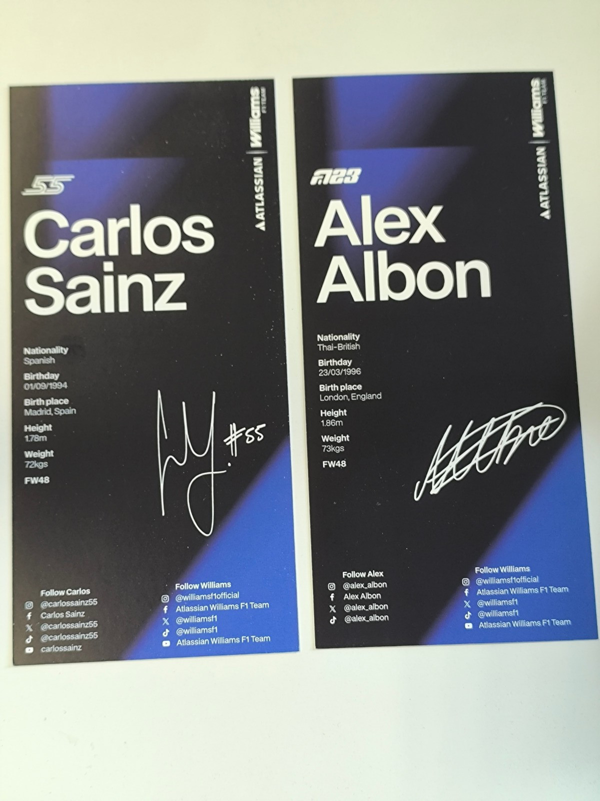 Sainz & Albon two signed 2026 Williams F1 FW48 official cards 10x21cm NEW SET