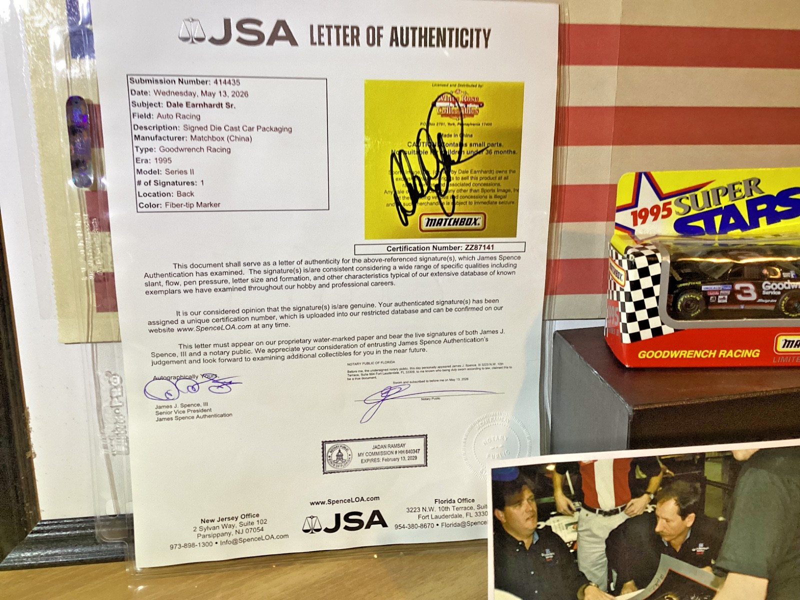 DALE EARNHARDT SIGNED 1995 LIMITED EDITION 1:64 MATCHBOX JSA LETTER AUTHENTICITY