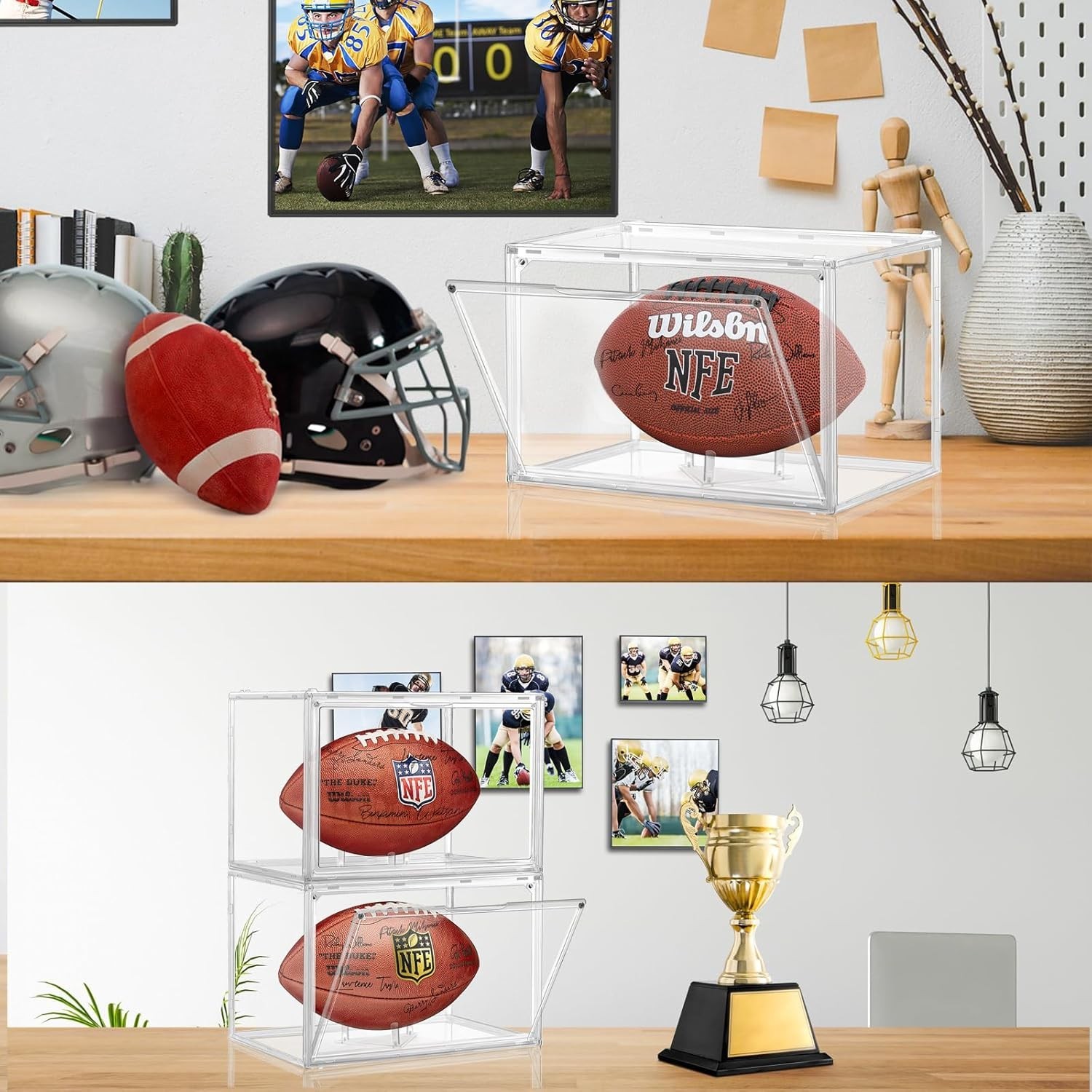 2 Pack Football Display Case, Acrylic Clear Football Case Full Size with Magnet