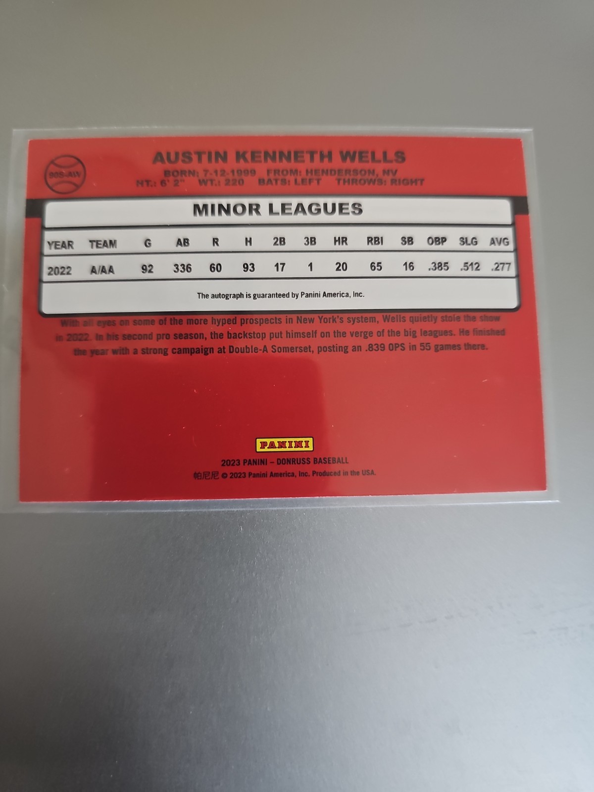 2023 Donruss Retro 1990 Signatures Austin Wells RARA 1-of-1 Error MISCUT