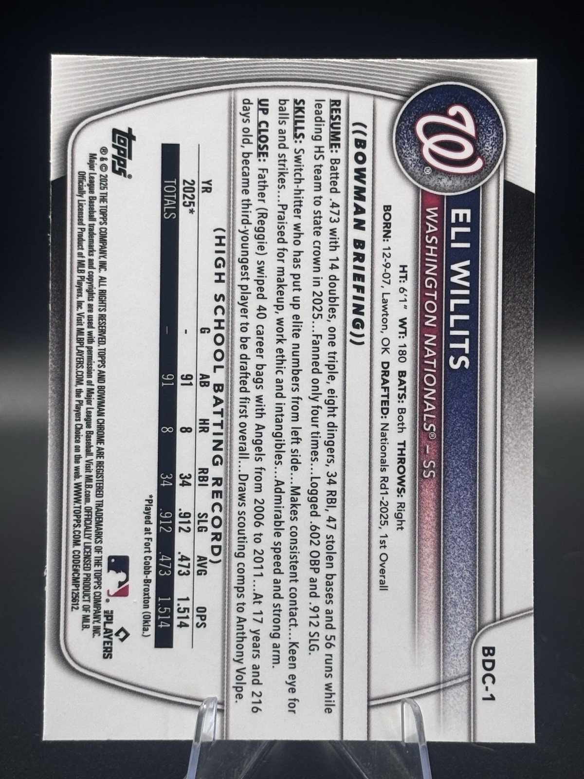 2025 Eli Willits 1st Bowman True Yellow Refractor /75 Chrome BDC-1