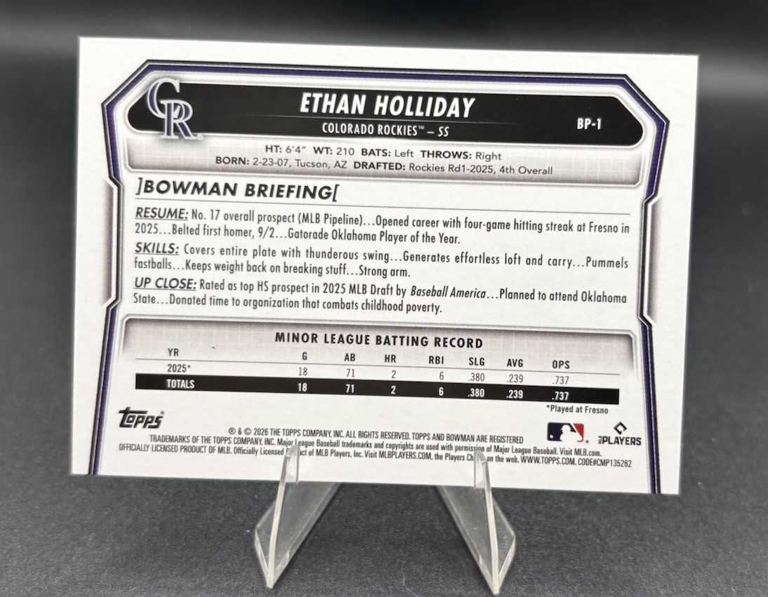 2026 Bowman Prospects 1st #BP-1 Ethan Holliday – Rockies