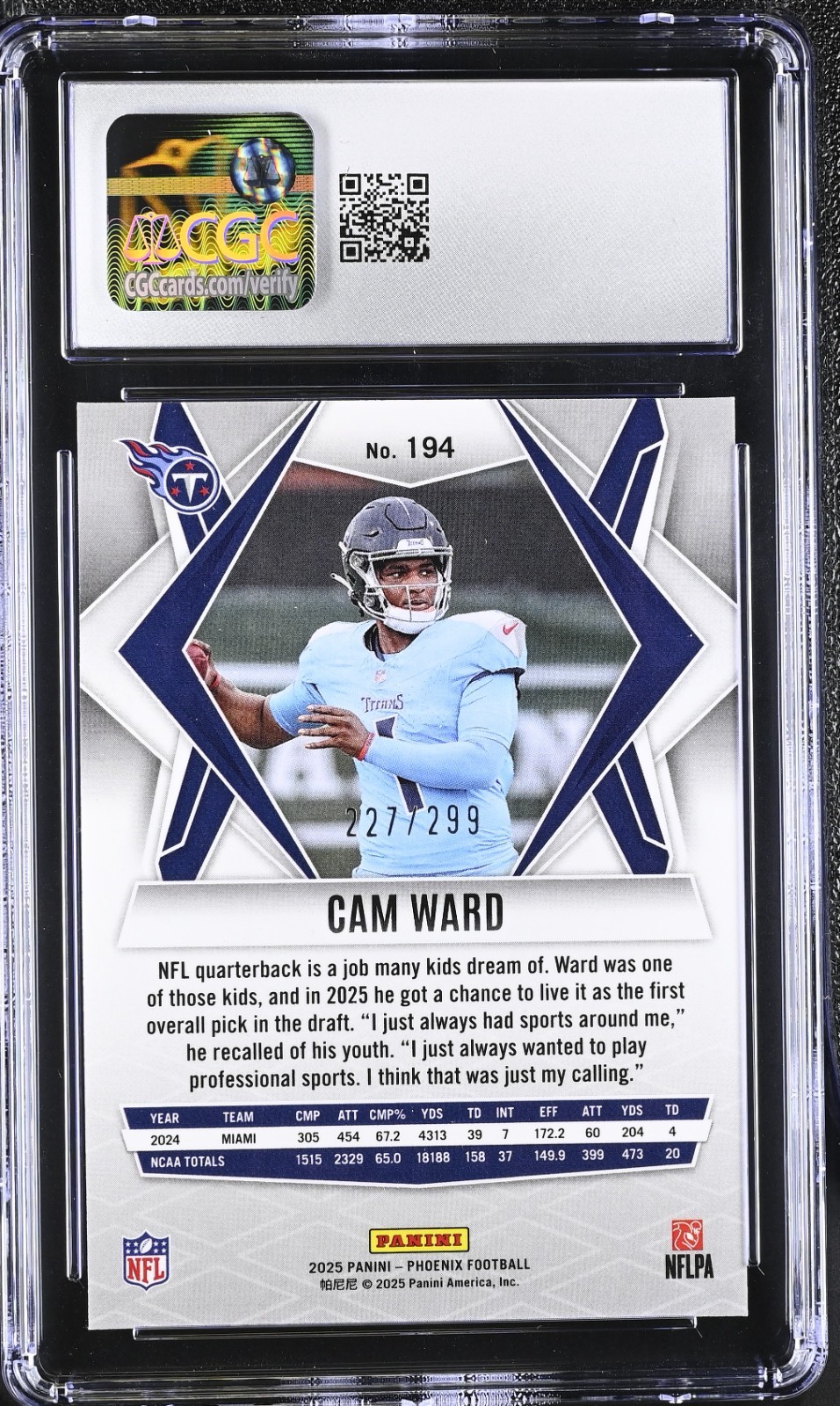 2025 PANINI PHOENIX PINK WINTER #194 CAM WARD ROOKIE RC /299 CGC 9