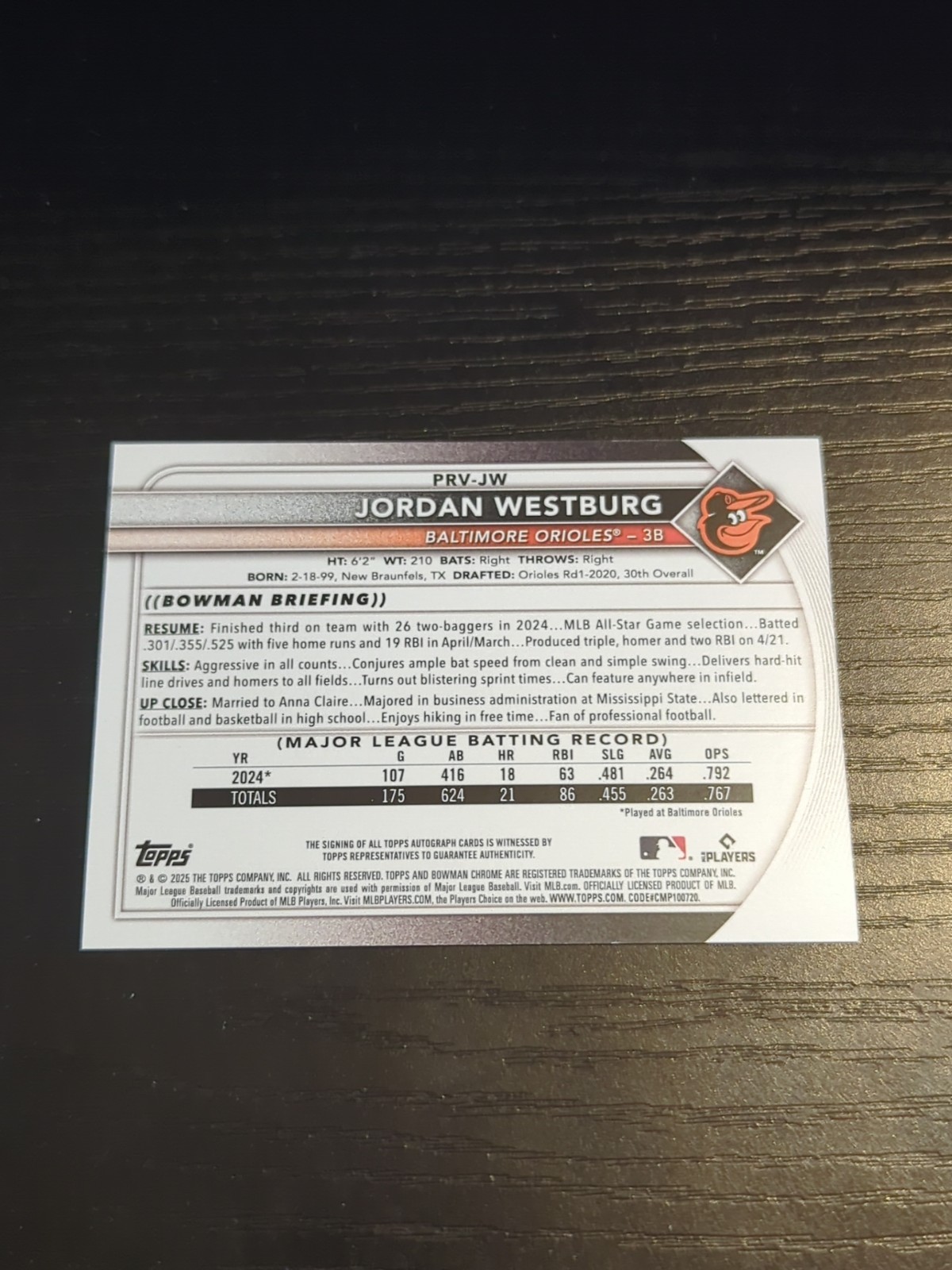 JORDAN WESTBURG 2025 Bowman Auto Autograph Purple/250 PRV-JW Orioles