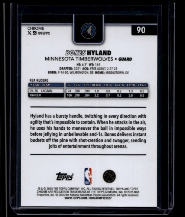2025-26 Topps Chrome Basketball Bones Hyland #90 Gold Wave Refractor /50
