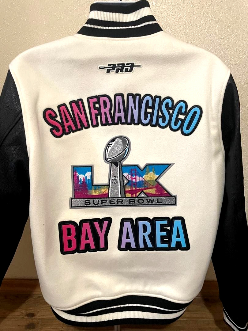 2026 NFL Super Bowl LX San Francisco Rib Wool Varsity Jacket Cream Size XL