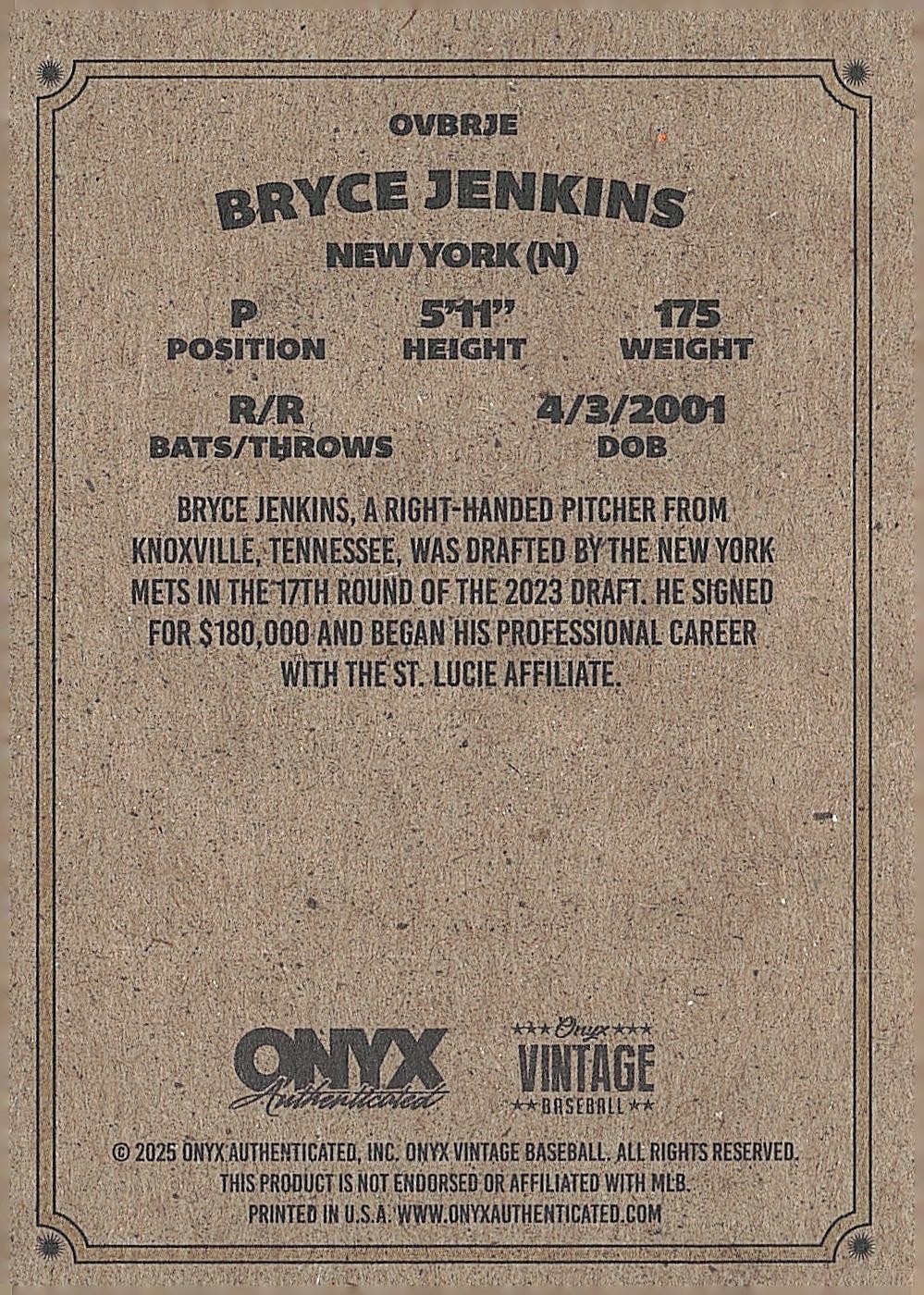 2025 Onyx Vintage #VABRJE Bryce Jenkins