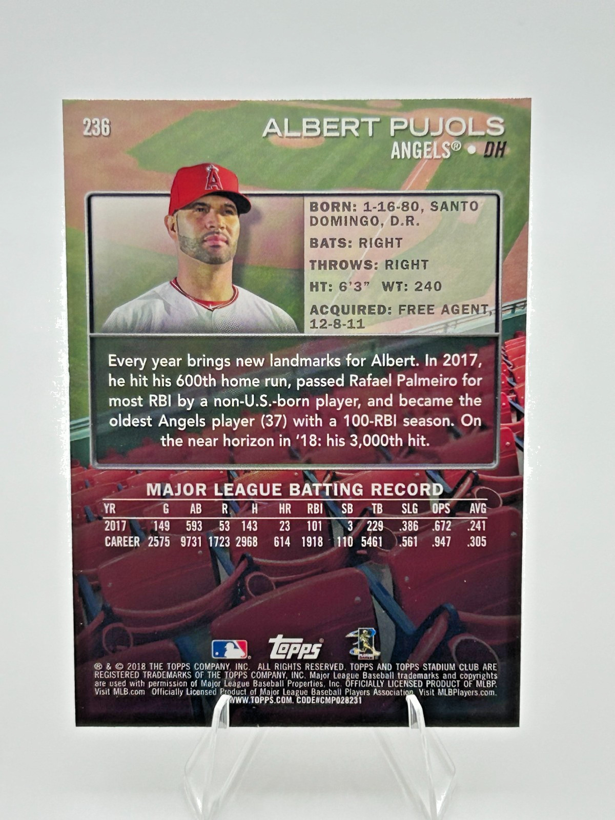 Albert Pujols 2018 Topps Stadium Club First Day Issue Angels PR: 10