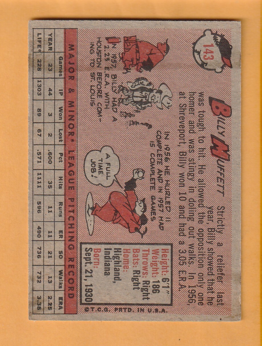 Billy Muffett St. Louis Cardinals 1958 Topps #143