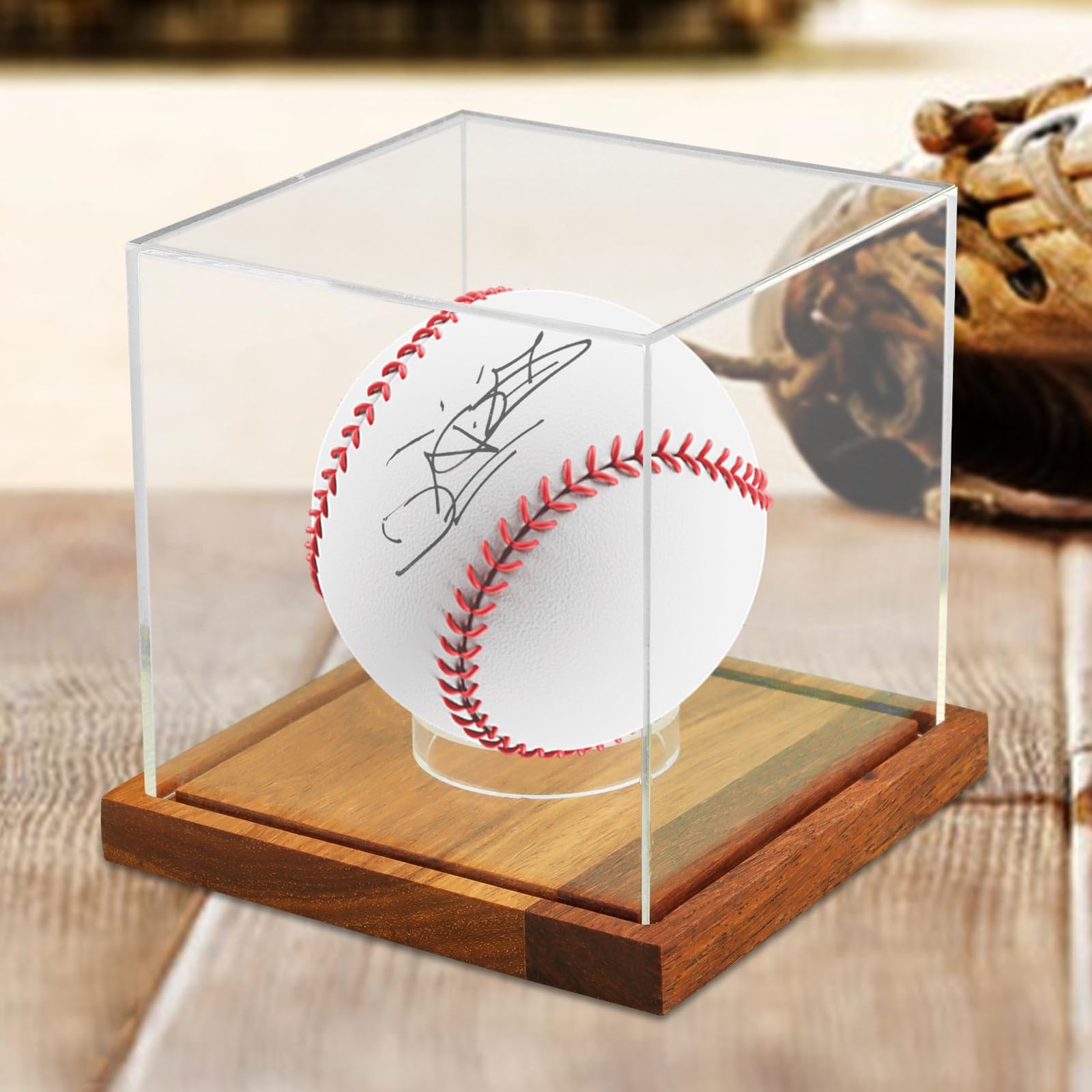 Baseball Display Cube – Clear Acrylic Baseball Holder Case with Wooden Base, …