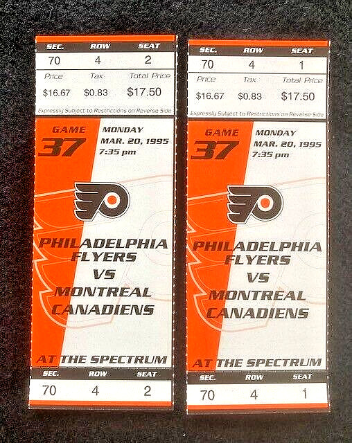 2ea.Tickets Mar. 20, 1995 Flyers vs Canadiens Lindros Hat Trick Hextall vs Roy