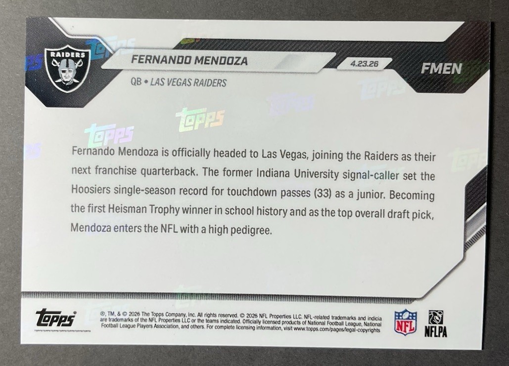 FERNANDO MENDOZA 2026 Topps Now NFL Draft Night 1st Overall Pick #FMEN Raiders