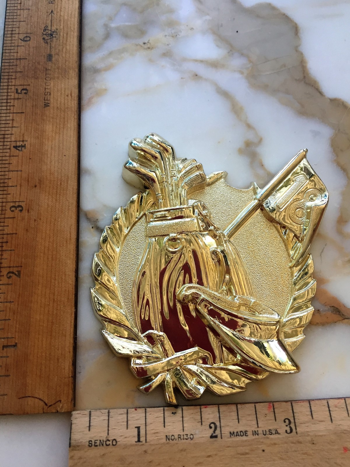 Golf Bag, Clubs, Flag & Visor-Flat Gold Plastic Trophy Topper/Plaque-3 3/4″ x 4″