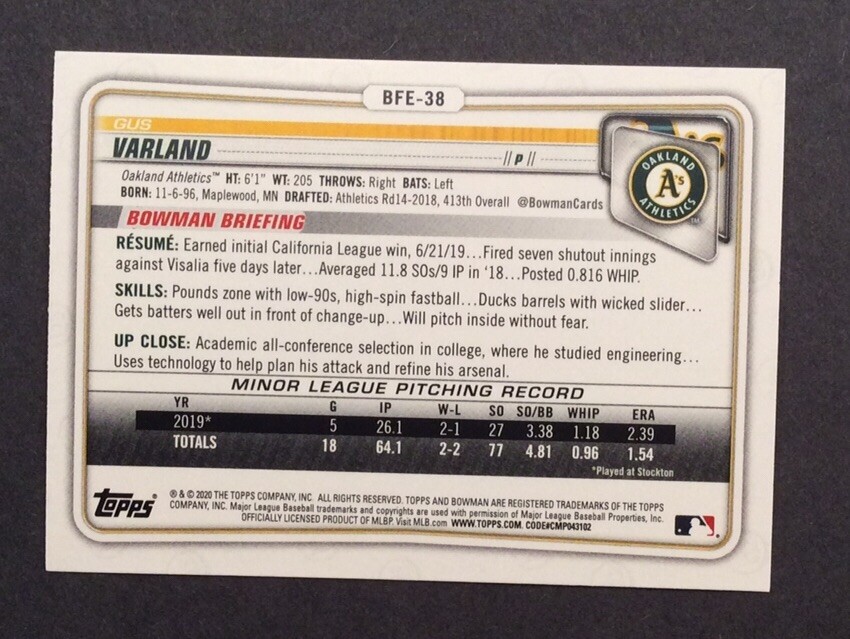 Gus Varland 2020 Bowman 1st Edition 1st Bowman Card #BFE-38 Oakland A’s RC