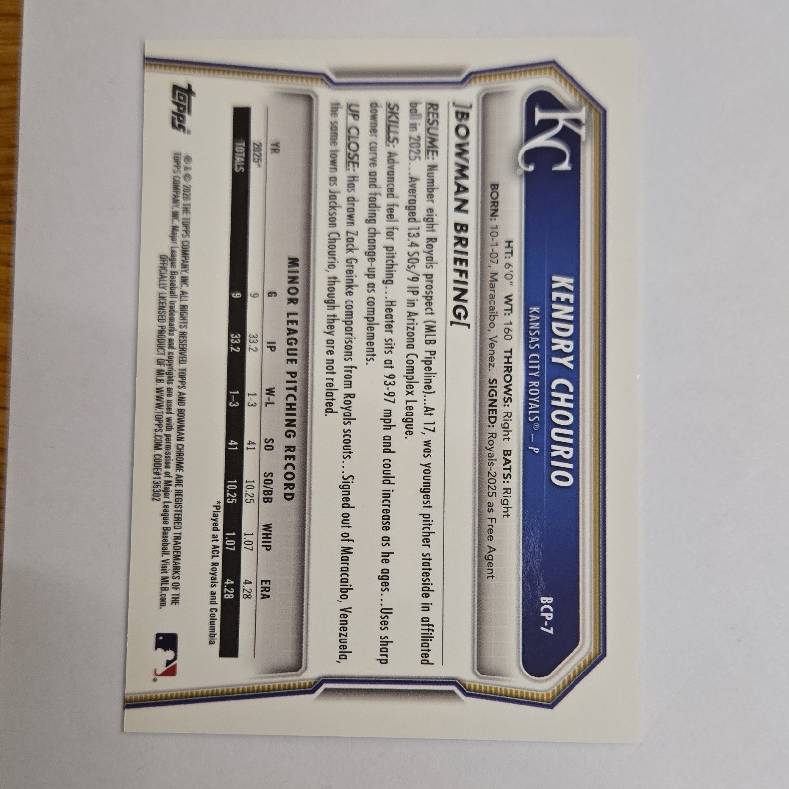 Topps 2026 Bowman Chrome Prospects Kendry Chourio Royals /50 Card #BCP-7