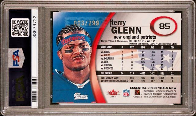 2001 Fleer E-X /299 Essential Credentials Now #85 Terry Glenn SP NE Pop 3! PSA 8