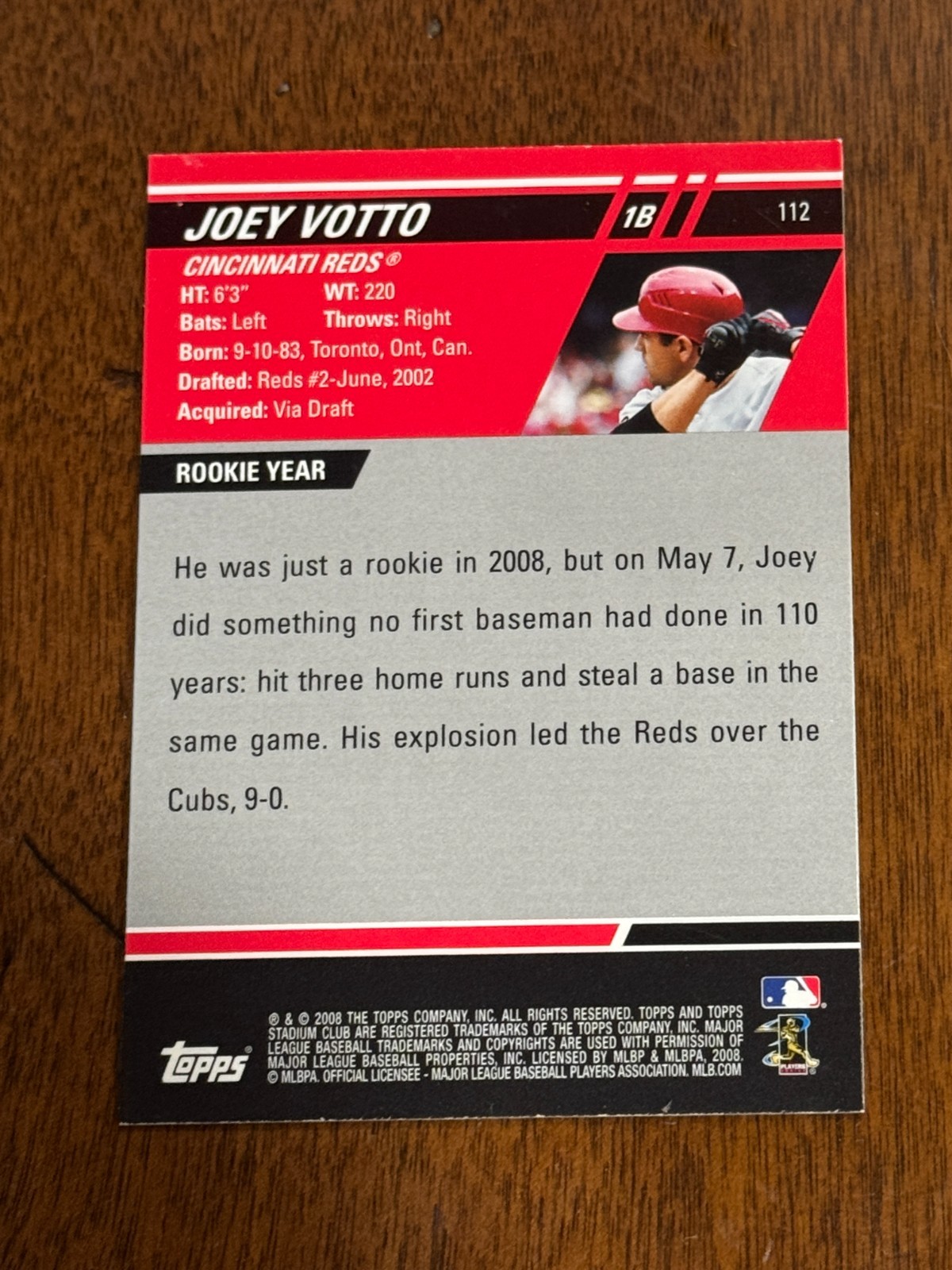 2008 Topps Stadium Club – Joey Votto #112 First Day Issue (RC) Cincinnati Reds