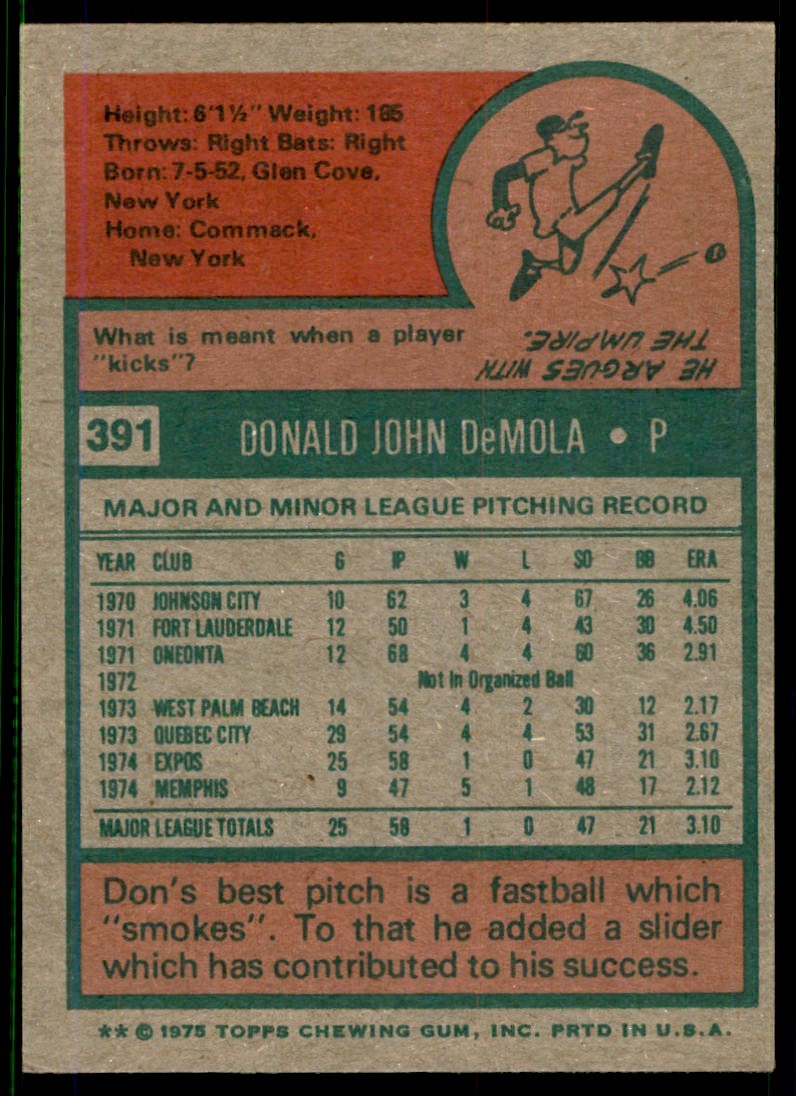 1975 TOPPS DON DEMOLA MONTREAL EXPOS #391