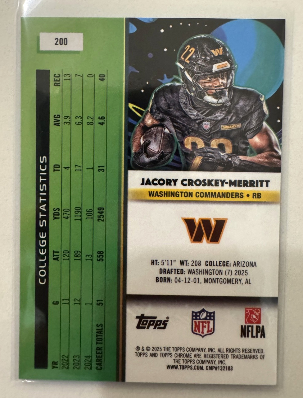 Jacory Croskey-Merritt /199 RC 2025 Topps Cosmic Chrome #200 Aqua Refractor