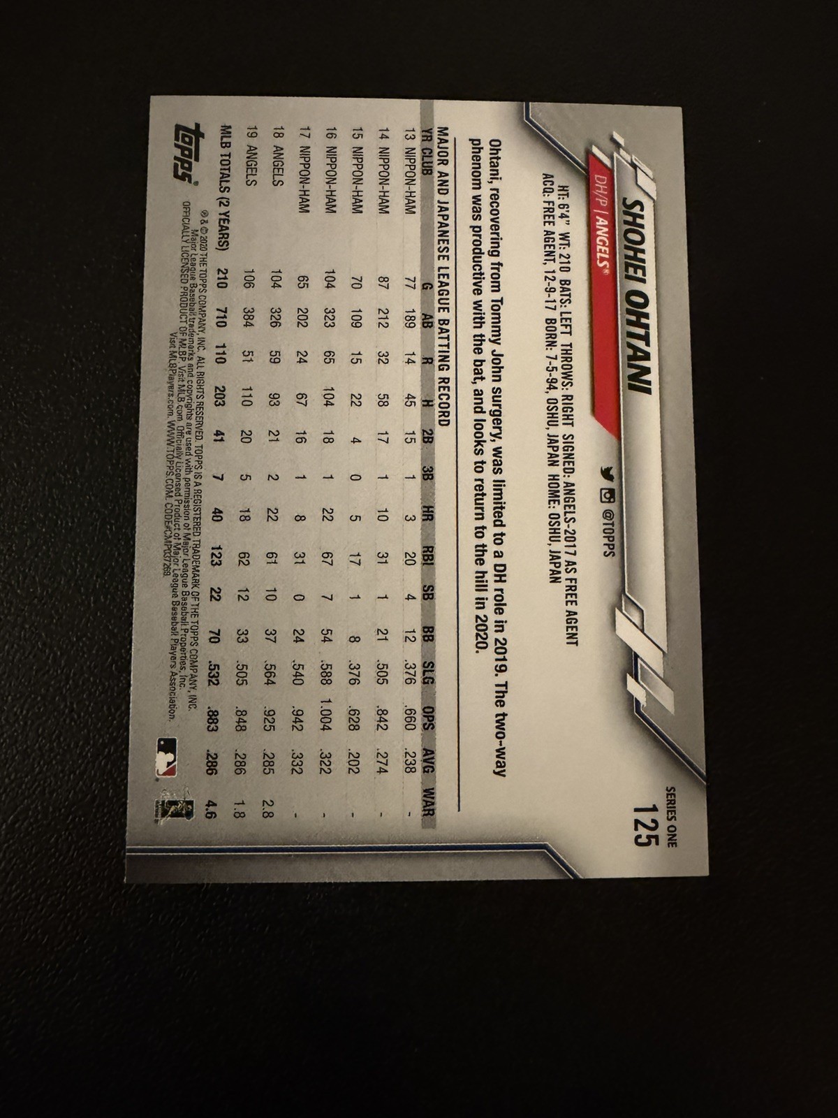 2020 Topps Shohei Ohtani #125 Batting Los Angeles Angels