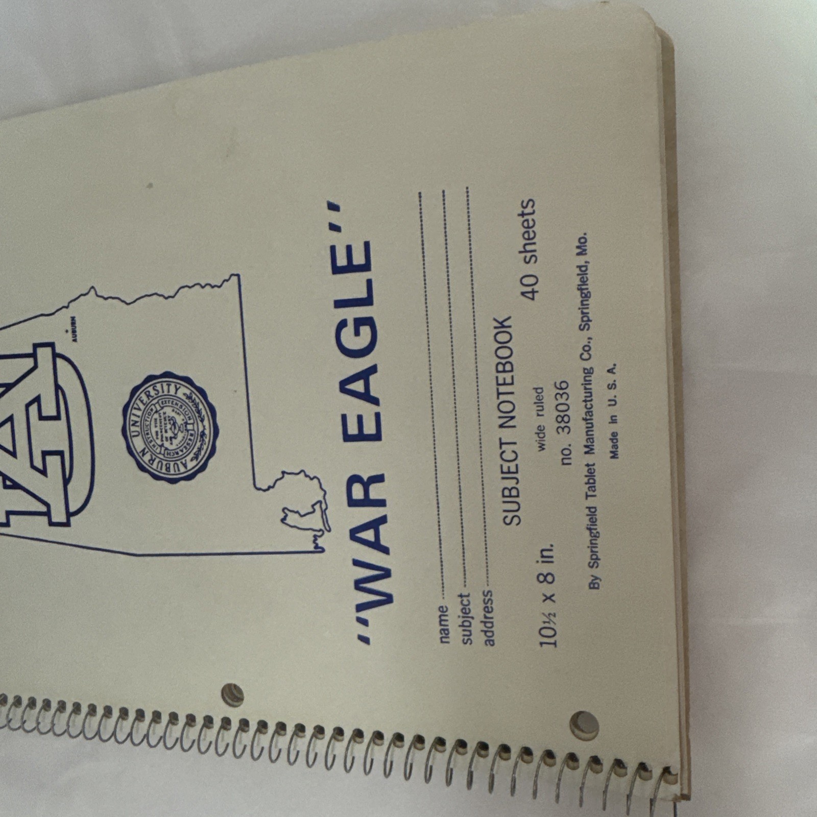 VINTAGE Alabama Auburn War Eagle Spiral Subject Notebook Made In USA 10.5 X 8