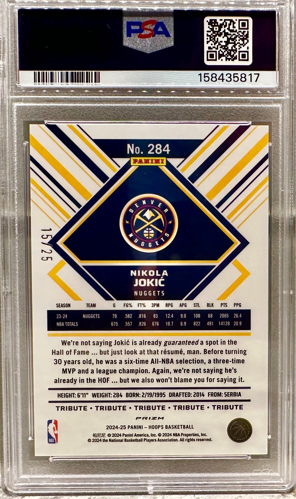 JERSEY NUMBER MATCH! 2024-25 Panini Hoops Nikola Jokic Mojo 15/25! PSA 10 POP 1!