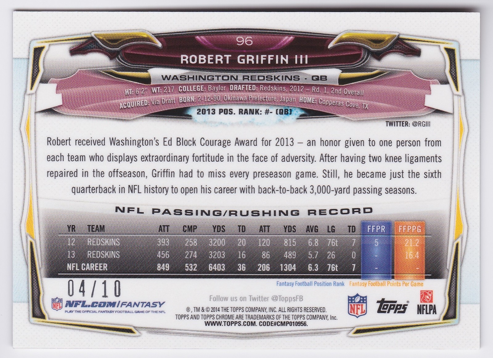 2014 Topps Chrome Mini Robert Griffin III #96 Gold Refractor 04/10 Redskins