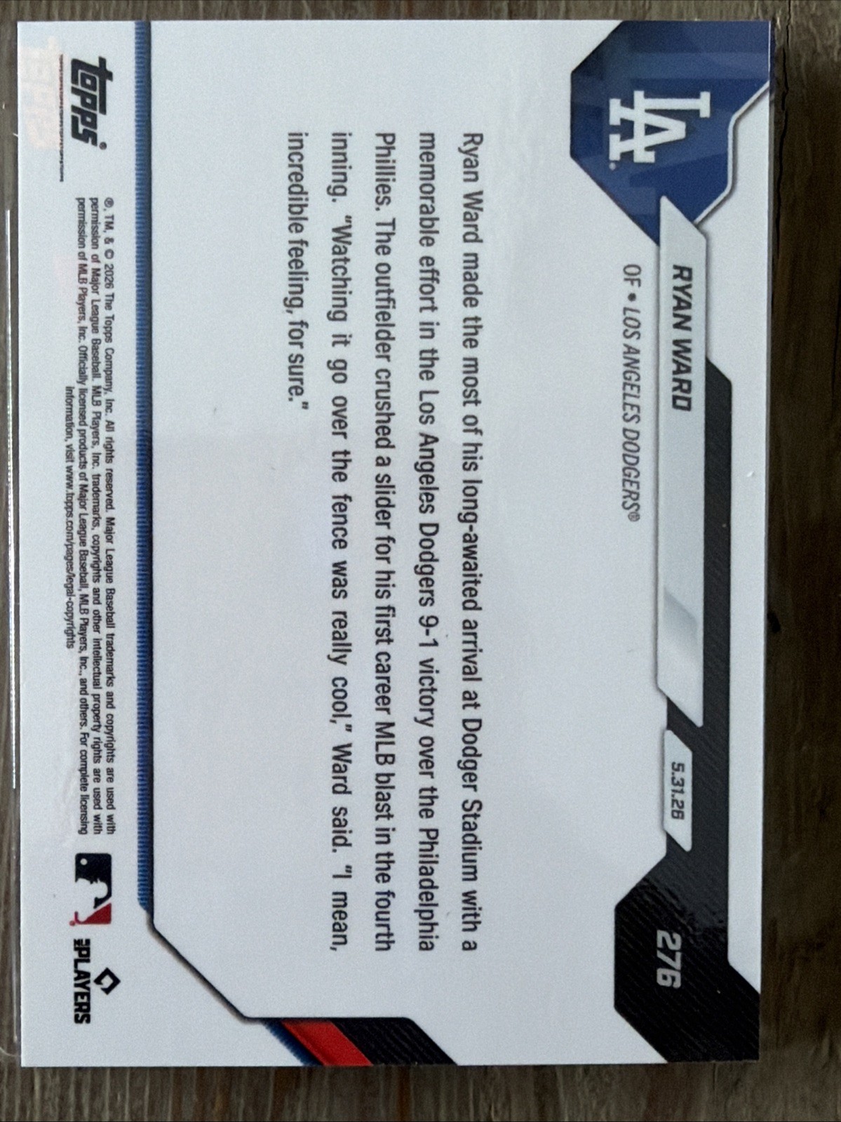 2026 Topps Now Ryan Ward #276 Launches 1st MLB HR Dodger Stadium Debut RC