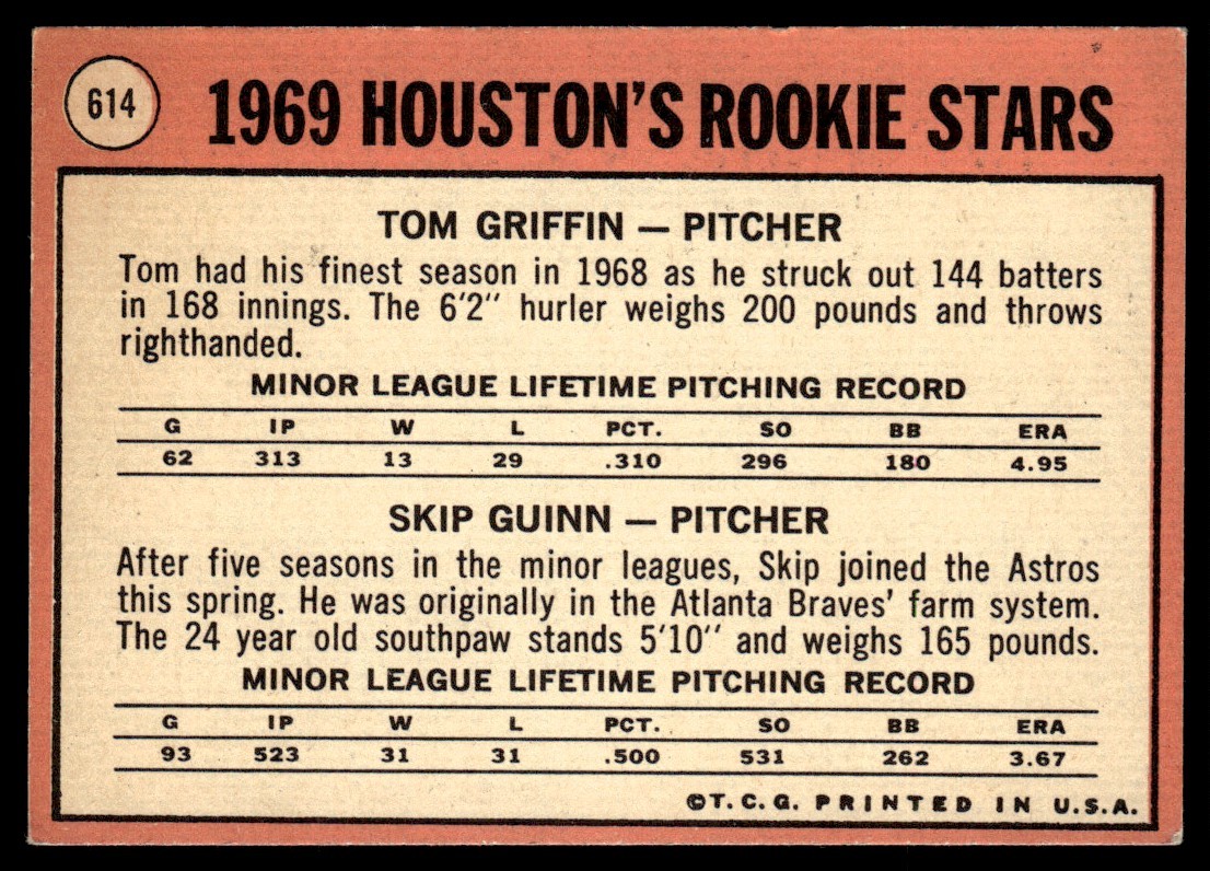 1969 Topps Card Baseball Tom Griffin Skip Guinn RC Houston Astros #614 EX-MT