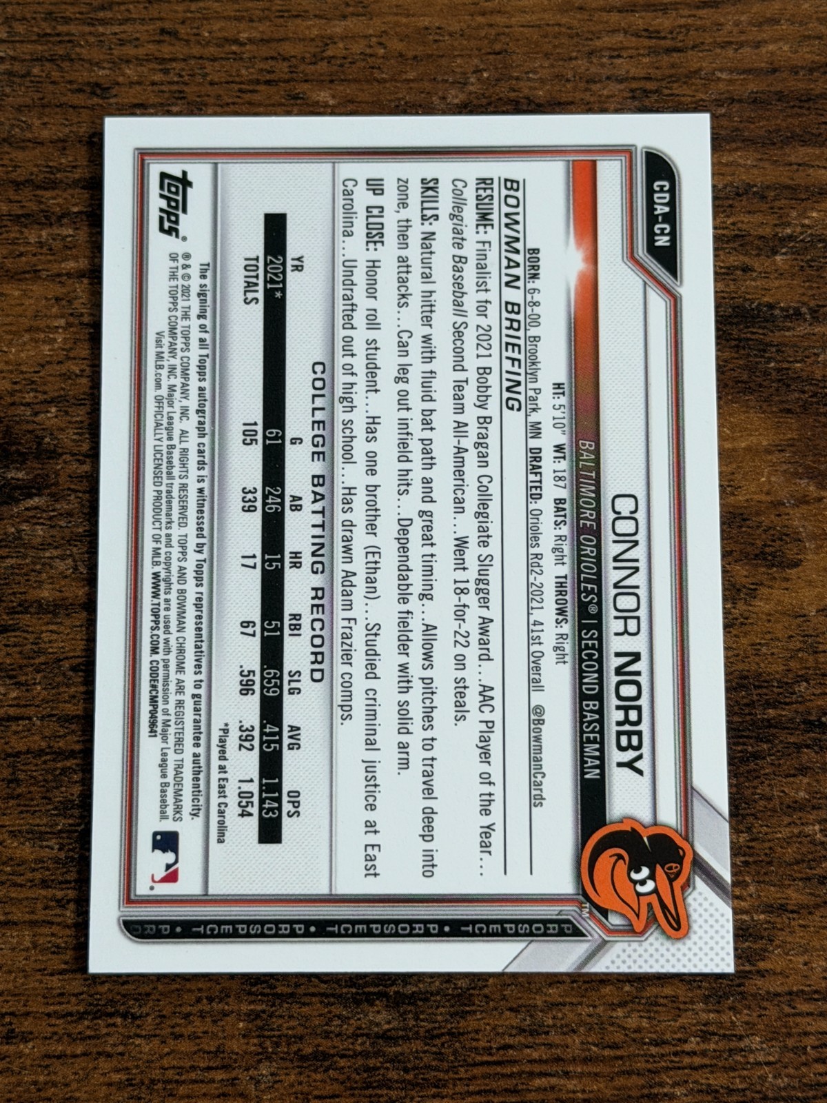 Connor Norby 2021 Bowman Draft Chrome #CDA-CN 1st Prospect Auto