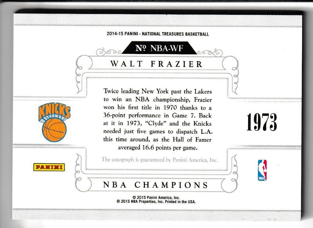 2014-15 National Treasures NBA Champions Signatures Walt Frazier Auto #d 28/49