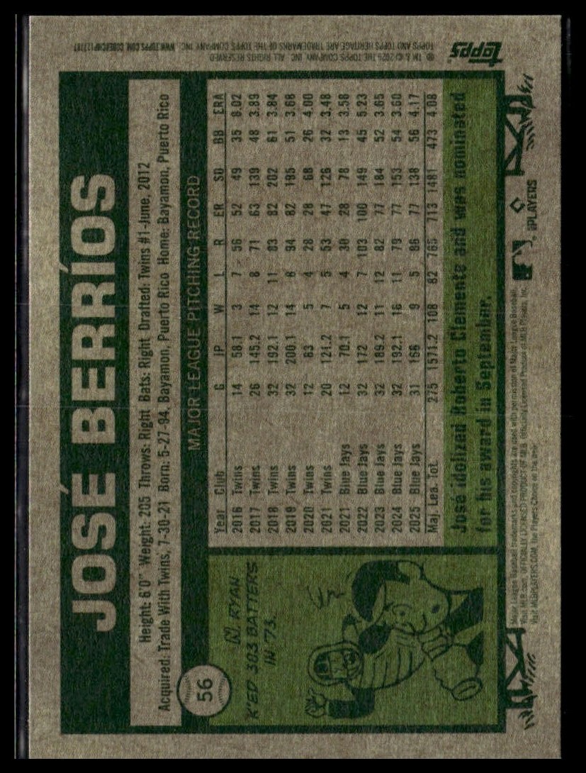 2026 Topps Heritage 56 Jose Berrios Toronto Blue Jays Short Print SP