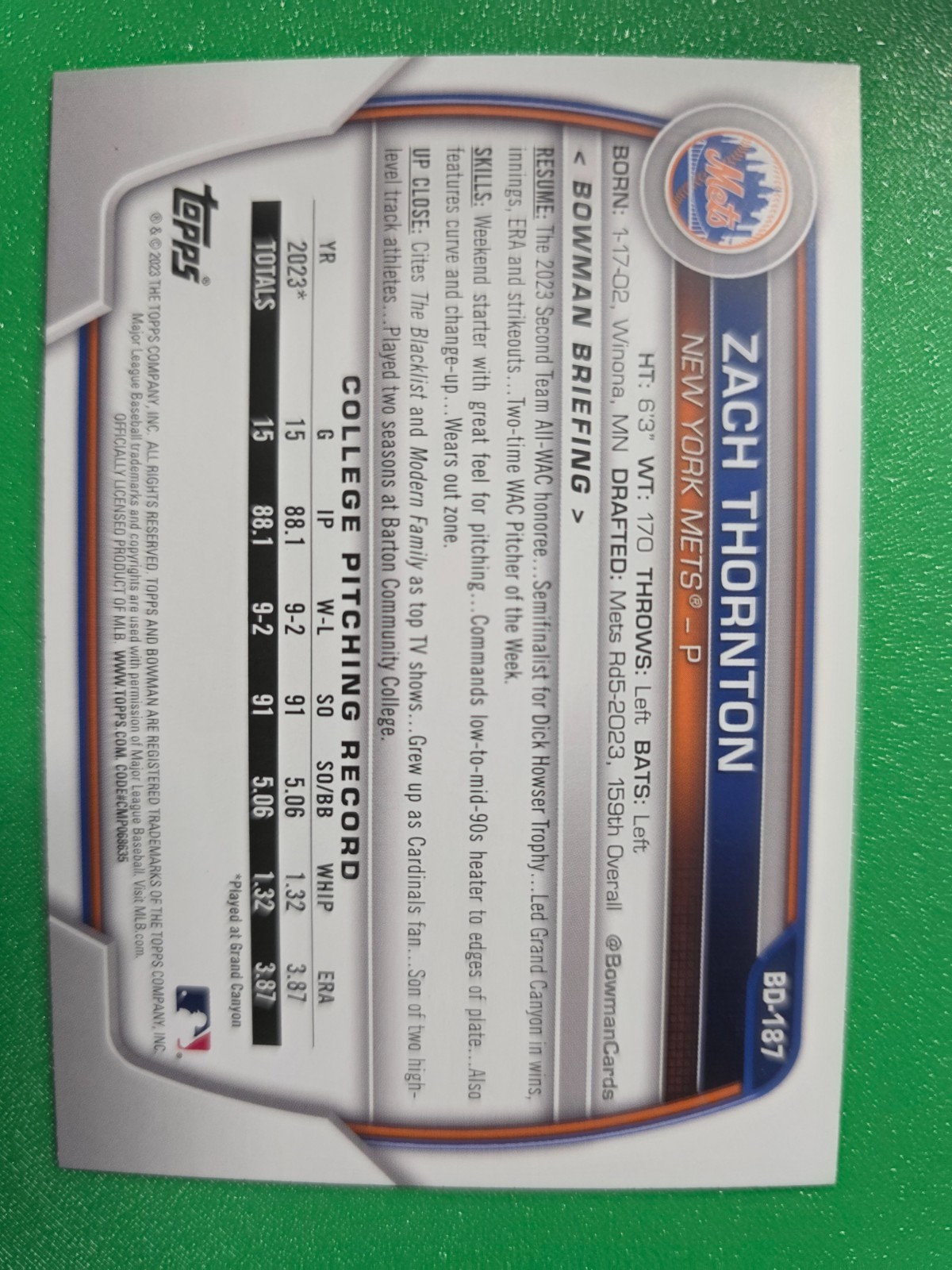 2023 BOWMAN ZACH THORNTON 1ST ROOKIE #BD-152 NEW YORK METS MLB BASEBALL RC QTY