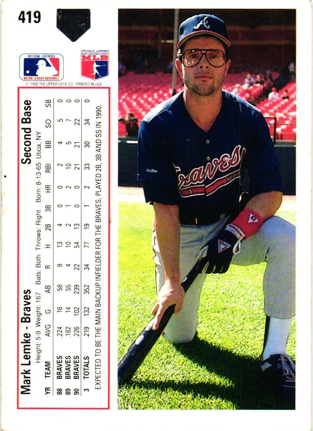 MARK LEMKE #419 Signed 1991 Upper Deck MLB Baseball Card BRAVES AUTO