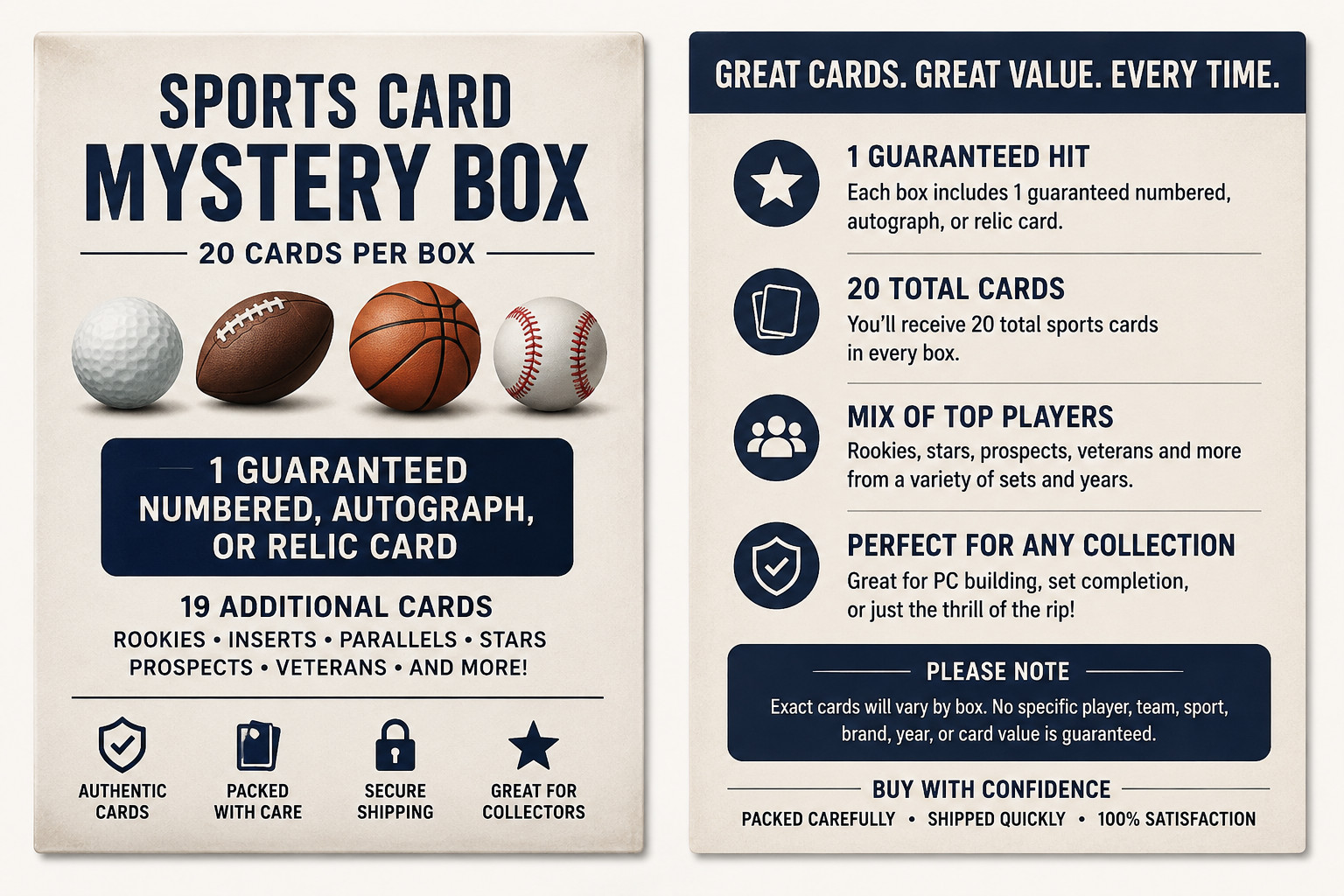 Sports Card Mystery Box – 20 Cards – 1 Guaranteed Numbered Auto or Relic Card