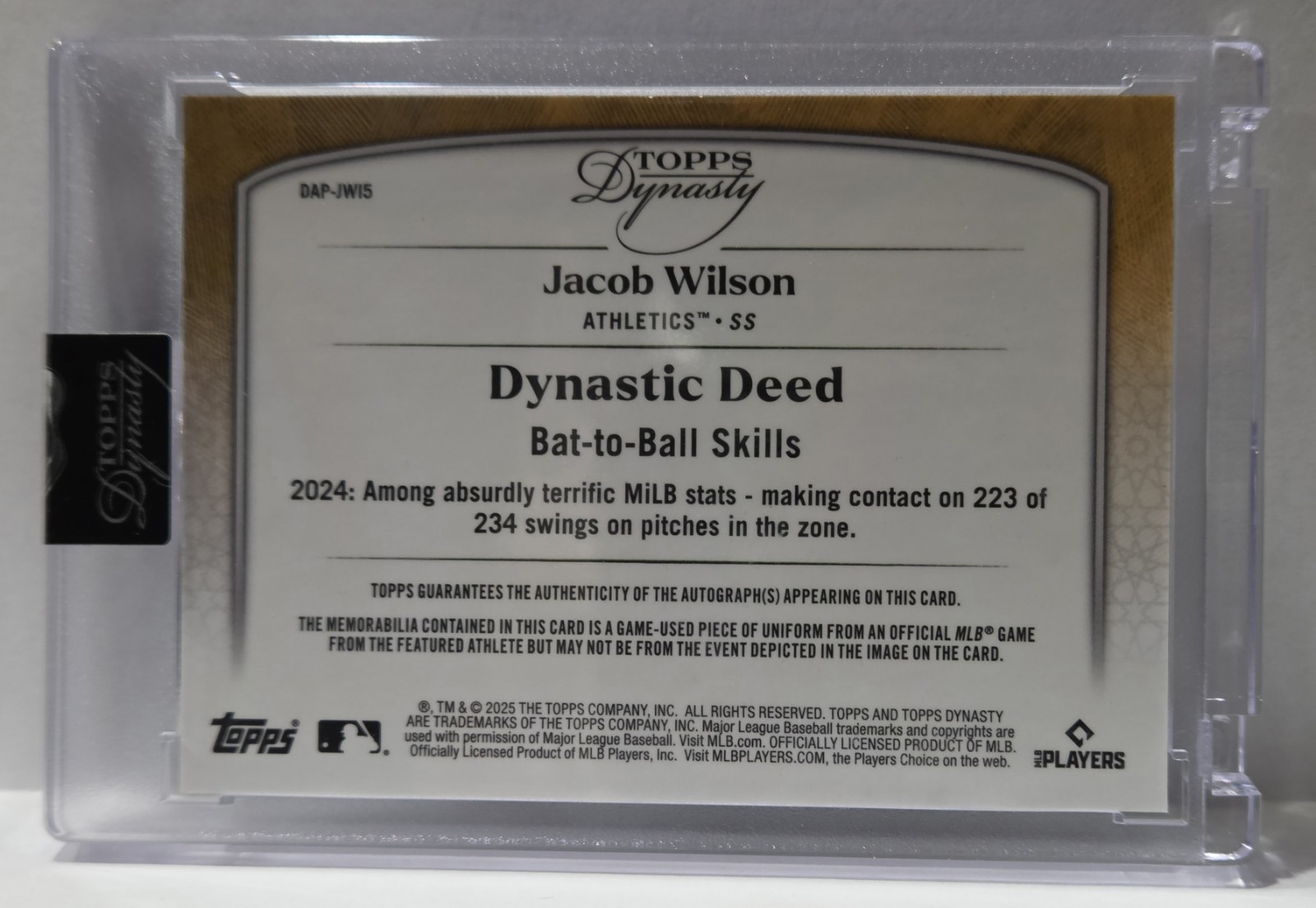 Jacob Wilson 🔥 1/1 🔥 2025 Topps Dynasty Rookie Patch Auto #DAP-JWI5 RC A’s
